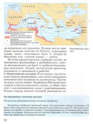 ZV о.Сардиния ;
с /#: .--д р>о
0.
Карф аген
Сицилия
Владения финикийцев в
Передней Азии
Берега, захваченные и
колонизованные фини­
кийцами
Финикийские колонии
Важнейшие морские торговые
пути финикийцев
о. Крит
п-ов
Малая Азия :)$(
Милет
,к Арвад
о. Кипр I Д и б л
Тио ? ИД0Н
М О Р Е
Мемфис
ли встречали его радостно. Купцы могли при­
везти льняное полотно из Египта, пурпурные
ткани, вино, стеклянные бусы и сосуды из
Финикии или «живой товар» — рабов.
Но если предоставлялся удобный случай, не
стеснялись финикийцы и разбойничать: иног­
да высаживались на берег и грабили беззащит­
ные поселения. Людей, застигнутых врасплох,
похищали и продавали в рабство.
3. Финикийские колонии. В тех краях, где посто­
янно бывали финикийцы, они стали основывать
поселения (мы называем их колониями). Торгов­
ля сразу пошла живее. Корабли из Финикии при­
ходили в благоустроенную гавань, и обмен шел
уже с соплеменниками, даже с родственниками.
В свою очередь жители колоний завязывали от-
Финикийские коло­
нии.
Как финикийцы похитили женщин
(По рассказу древнегреческого историка Гзродота)
Финикийцы прибыли в греческий город. Они выставили товары на продажу. На
берег моря среди многих женщин пришла и дочь местного царя Ио. Женщины под­
нялись на корабль и покупали товары. Тогда финикийцы по условному знаку набро­
сились на женщин. Большинство их спаслось бегством. Ио же с несколькими дру­
гими они захватили и поспешно отплыли.
 