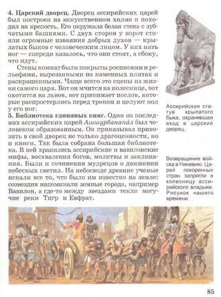 4. Царский дворец. Дворец ассирийских царей
был построен на искусственном холме и похо­
дил на крепость. Его окружала белая стена с зуб­
чатыми башнями. С двух сторон у ворот сто­
яли огромные изваяния добрых духов — кры­
латых быков с человеческим лицом. У них пять
ног — спереди казалось, что они стоят, а сбоку,
что идут.
Стены комнат были покрыты росписями и ре­
льефами, вырезанными на каменных плитах и
раскрашенными. Чаще всего это сцены из жиз­
ни самого царя. Вот он мчится на колеснице, вот
охотится на львов, вот принимает послов, кото­
рые распростерлись перед троном и целуют пол
у его ног.
5. Библиотека глиняных книг. Один из послед­
них ассирийских царей Ашшурбанапал был че­
ловеком образованным. Он приказывал приво­
зить в свой дворец не только драгоценности, но
и книги. Так была собрана большая библиоте­
ка. В ней хранились ассирийские и вавилонские
мифы, восхваления богов, молитвы и заклина­
ния. Были и сочинения мудрецов о движении
небесных светил. На небосводе древние ученые
искали все то, что было им известно на земле:
созвездия напоминали земные города, например
Вавилон, а где-то между звездами текли могу­
чие реки Тигр и Евфрат.
Ассирийская ста­
туя крылатого
быка, охранявшая
вход в царский
дворец.
Возвращение вой­
ска в Ниневию. Ца­
рей покоренных
стран запрягли в
колесницу асси­
рийского владыки.
Рисунок нашего
времени.
7;
s'®
85
 