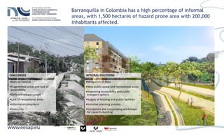 CHALLENGES INTEGRAL SOLUTIONS
•Mitigation of Risks
•New public space and recreational areas
•Improving accessibility and public
transport options
•Supply of housing and public facilities
•Inclusive planning process
•Incubators and cooperating workshops
for capacity building
•Natural hazards
•Fragmented areas and lack of
accessibility
•Deficient Infrastructure
•Lack of recreational areas
•Informal employment
•Insecurity
Barranquilla in Colombia has a high percentage of informal
areas, with 1,500 hectares of hazard prone area with 200,000
inhabitants affected.
 