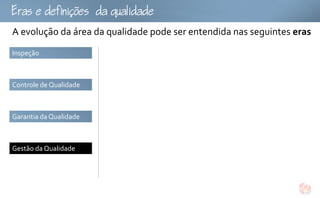 fu
A evolução da área da qualidade pode ser entendida nas seguintes eras
Inspeção



Controle de Qualidade



Garantia da Qualidade



Gestão da Qualidade
 