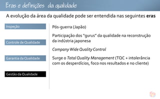 fu
A evolução da área da qualidade pode ser entendida nas seguintes eras
Inspeção                Pós-guerra (Japão)
                        Participação dos “gurus” da qualidade na reconstrução
Controle de Qualidade   da indústria japonesa
                        Company Wide Quality Control
Garantia da Qualidade   Surge o Total Quality Management (TQC + intolerância
                        com os desperdícios, foco nos resultados e no cliente)

Gestão da Qualidade
 