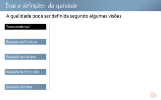 fu
A qualidade pode ser definida segundo algumas visões
Transcendental



Baseada no Produto



Baseada no Usuário



Baseada na Produção



Baseada no Valor
 