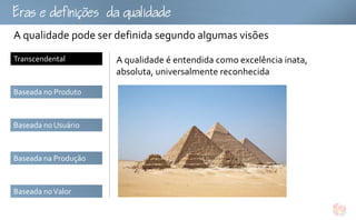 fu
A qualidade pode ser definida segundo algumas visões
Transcendental        A qualidade é entendida como excelência inata,
                      absoluta, universalmente reconhecida

Baseada no Produto



Baseada no Usuário



Baseada na Produção



Baseada no Valor
 