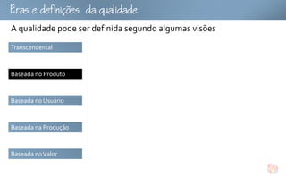 fu
A qualidade pode ser definida segundo algumas visões
Transcendental



Baseada no Produto



Baseada no Usuário



Baseada na Produção



Baseada no Valor
 