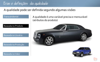 fu
A qualidade pode ser definida segundo algumas visões
Transcendental        A qualidade é uma variável precisa e mensurável
                      (atributos do produto)

Baseada no Produto



Baseada no Usuário



Baseada na Produção



Baseada no Valor
 