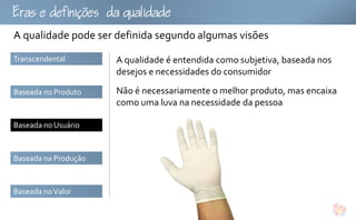 fu
A qualidade pode ser definida segundo algumas visões
Transcendental        A qualidade é entendida como subjetiva, baseada nos
                      desejos e necessidades do consumidor

Baseada no Produto    Não é necessariamente o melhor produto, mas encaixa
                      como uma luva na necessidade da pessoa

Baseada no Usuário



Baseada na Produção



Baseada no Valor
 