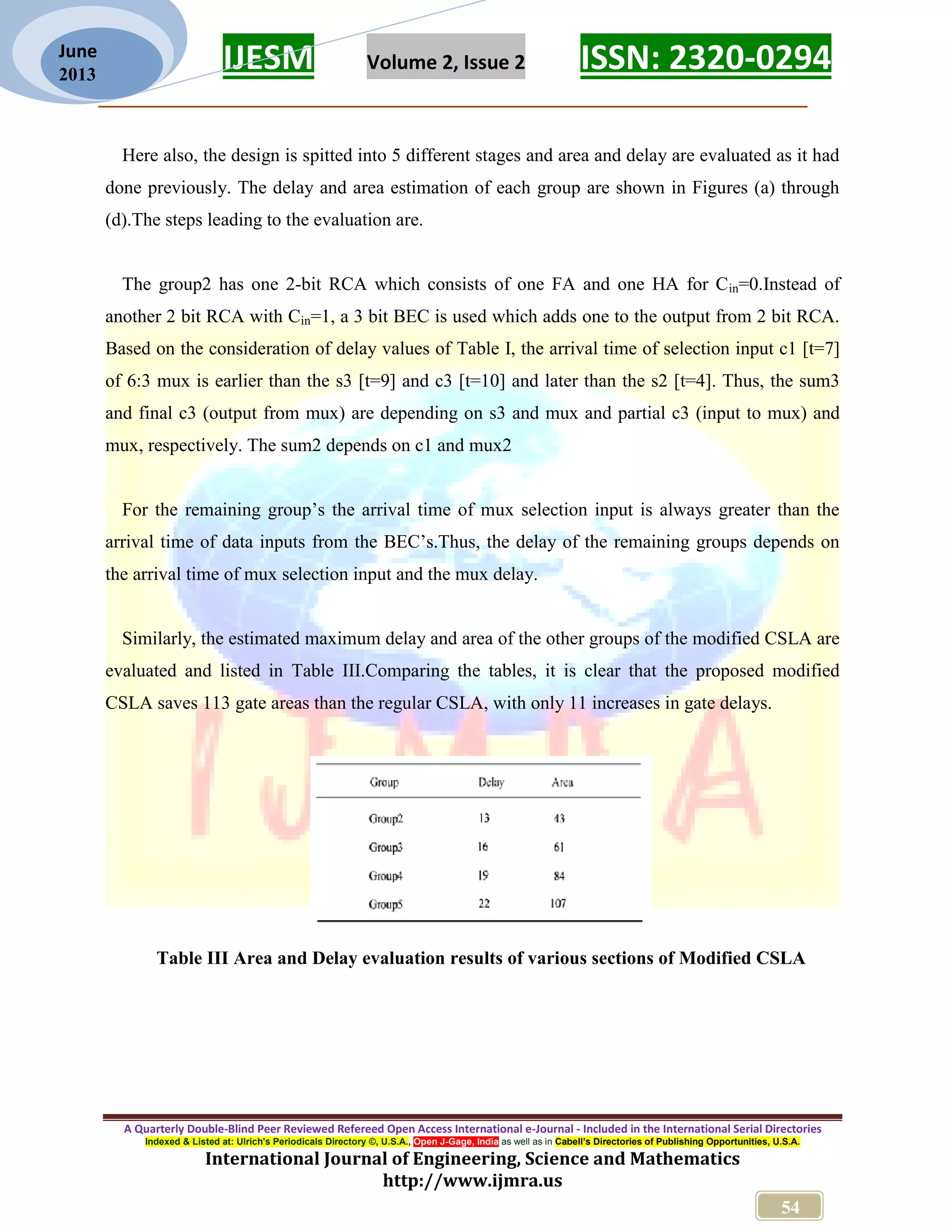 IJESM Volume 2, Issue 2 ISSN: 2320-0294 _________________________________________________________ A Quarterly Double-Blind Peer Reviewed Refereed Open Access International e-Journal - Included in the International Serial Directories Indexed & Listed at: Ulrich's Periodicals Directory ©, U.S.A., Open J-Gage, India as well as in Cabell’s Directories of Publishing Opportunities, U.S.A. International Journal of Engineering, Science and Mathematics http://www.ijmra.us 54 June 2013 Here also, the design is spitted into 5 different stages and area and delay are evaluated as it had done previously. The delay and area estimation of each group are shown in Figures (a) through (d).The steps leading to the evaluation are. The group2 has one 2-bit RCA which consists of one FA and one HA for Cin=0.Instead of another 2 bit RCA with Cin=1, a 3 bit BEC is used which adds one to the output from 2 bit RCA. Based on the consideration of delay values of Table I, the arrival time of selection input c1 [t=7] of 6:3 mux is earlier than the s3 [t=9] and c3 [t=10] and later than the s2 [t=4]. Thus, the sum3 and final c3 (output from mux) are depending on s3 and mux and partial c3 (input to mux) and mux, respectively. The sum2 depends on c1 and mux2 For the remaining group’s the arrival time of mux selection input is always greater than the arrival time of data inputs from the BEC’s.Thus, the delay of the remaining groups depends on the arrival time of mux selection input and the mux delay. Similarly, the estimated maximum delay and area of the other groups of the modified CSLA are evaluated and listed in Table III.Comparing the tables, it is clear that the proposed modified CSLA saves 113 gate areas than the regular CSLA, with only 11 increases in gate delays. Table III Area and Delay evaluation results of various sections of Modified CSLA 