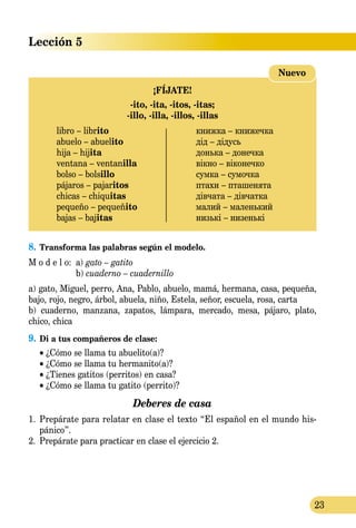 23
Lección 5
¡FÍJATE!
-ito, -ita, -itos, -itas;
-illo, -illa, -illos, -illas
	 libro – librito				 книжка – книжечка
	 abuelo – abuelito			 дід – дідусь
	 hija – hijita				 донька – донечка
	 ventana – ventanilla 			 вікно – віконечко
	 bolso – bolsillo			 сумка – сумочка
	 pájaros – pajaritos 			 птахи – пташенята
	 chicas – chiquitas			 дівчата – дівчатка
	 pequeño – pequeñito			 малий – маленький
	 bajas – bajitas			 низькі – низенькі
Nuevo
8.	Transforma las palabras según el modelo.
M o d e l o:	 a) gato – gatito
	 b) cuaderno – cuadernillo
a) gato, Miguel, perro, Ana, Pablo, abuelo, mamá, hermana, casa, pequeña,
bajo, rojo, negro, árbol, abuela, niño, Estela, señor, escuela, rosa, carta
b) cuaderno, manzana, zapatos, lámpara, mercado, mesa, pájaro, plato,
chico, chica
9.	Di a tus compañeros de clase:
• ¿Cómo se llama tu abuelito(a)?
• ¿Cómo se llama tu hermanito(a)?
• ¿Tienes gatitos (perritos) en casa?
• ¿Cómo se llama tu gatito (perrito)?
Deberes de casa
1.	 Prepárate para relatar en clase el texto “El español en el mundo his-
pánico”.
2.	 Prepárate para practicar en clase el ejercicio 2.
 