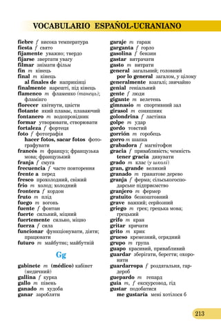 VOCABULARIO ESPAÑOL-UCRANIANO
213
fiebre f висока температура
fiesta f свято
fijamente  уважно; твердо
fijarse звертати увагу
filmar знімати фільм
fin m кінець
final m кінець 
al finales de  наприкінці
finalmente  нарешті, під кінець
flamenco m фламенко (танець);
фламінго
florecer квітнути, цвісти
flotante  який плаває, плаваючий
fontanero m водопровідник
formar  утворювати, створювати
fortaleza f фортеця
foto f фотографія 
hacer fotos, sacar fotos  фото­
графувати
francés m француз; французька
мова; французький
franja f смуга
frecuencia f  часте повторення
frente a  перед
fresco прохолодний, свіжий
frio m холод; холодний
frontera f кордон
fruto m плід
fuego m вогонь
fuente f фонтан
fuerte  сильний, міцний
fuertemente  сильно, міцно
fuerza f сила
funcionar  функціонувати, діяти;
працювати
futuro m майбутнє; майбутній
Gg
gabinete m (médico) кабінет
(медичний)
gallina f курка
gallo m півень
ganado m худоба
ganar  заробляти
garaje m гараж
garganta f горло
gasolina  f  бензин
gastar  витрачати
gasto  m  витрати
general  загальний; головний
por lo general  загалом, у ціло­­му
generalmente  взагалі; звичайно
genial геніальний
gente f люди
gigantе m велетень
gimnasio m спортивний зал
girasol m соняшник
golondrina f ластівка
golpe  m  удар
gordo  товстий
gorrión m горобець
gorro m шапка
grabadora f магнітофон
gracia  f привабливість; чемність
tener gracia  дивувати
grado m клас (у школі)
gran, grande великий
granado m гранатове дерево
granja f ферма; сільсько­госпо­
дарське підприємство
granjero m фермер
gratuito безкоштовний
grave  важкий; серйозний
griego m грек; грецька мова;
грецький
grifo m кран
gritar  кричати
grito  m  крик
grueso кремезний, огрядний
grupo m група
guapo красивий, привабливий
guardar зберігати, берегти; охоро-
няти
guardarropa f роздягальня, гар-
дероб
guepardo m гепард
guía m, f екскурсовод, гід
gustar  подобатися 
me gustaría  мені хотілося б
 