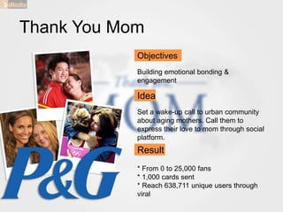 Thank You Mom
Objectives
Building emotional bonding &
engagement
Idea
Set a wake-up call to urban community
about aging mothers. Call them to
express their love to mom through social
platform.
Result
* From 0 to 25,000 fans
* 1,000 cards sent
* Reach 638,711 unique users through
viral
 