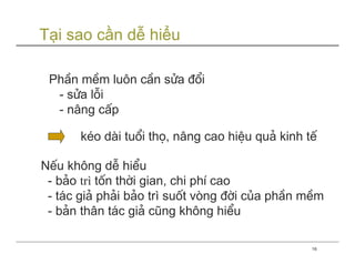 Tại sao cần dễ hiểu

 PhÇn mÒm lu«n cÇn söa ®æi
  - söa lçi
  - n©ng cÊp

       kÐo dµi tuæi thä, n©ng cao hiÖu qu¶ kinh tÕ

NÕu kh«ng dÔ hiÓu
 - b¶o trì tèn thêi gian, chi phÝ cao
 - t¸c gi¶ ph¶i b¶o trì suèt vßng ®êi cña phÇn mÒm
 - b¶n th©n t¸c gi¶ còng kh«ng hiÓu

                                                 16
 