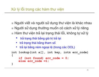 Xử lý lỗi trong các hàm thư viện


■ Ng−êi viÕt vµ ng−êi sö dông th− viÖn lµ kh¸c nhau
■ Ng−êi sö dông th−êng muèn cã c¸ch xö lý riªng
■ Hµm th− viÖn tr¶ l¹i tr¹ng th¸i lçi, kh«ng tù xö lý
  •    tr¶ tr¹ng th¸i b»ng gi¸ trÞ tr¶ l¹i
  •   tr¶ tr¹ng th¸i b»ng tham sè
  •   tr¶ l¹i b»ng nÐm ngo¹i lÖ (trong c¸c OOL)
int lookup(int a[], int key, int& err_code)
{
    if (not found) err_code = 0;
    else err_code =1;
}
                                                  23
 