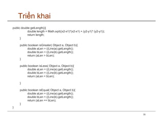 Triển khai
public double getLength(){
           double length = Math.sqrt((x2-x1)*(x2-x1) + (y2-y1)* (y2-y1));
           return length;
      }

     public boolean isGreater( Object a, Object b){
           double aLen = ((Line)a).getLength();
           double bLen = ((Line)b).getLength();
           return (aLen > bLen);
     }

     public boolean isLess( Object a, Object b){
           double aLen = ((Line)a).getLength();
           double bLen = ((Line)b).getLength();
           return (aLen < bLen);

     }

     public boolean isEqual( Object a, Object b){
           double aLen = ((Line)a).getLength();
           double bLen = ((Line)b).getLength();
           return (aLen == bLen);
     }
}

                                                                            35
 