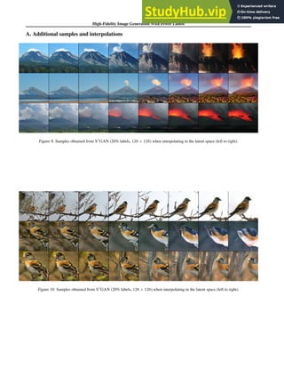 High-Fidelity Image Generation With Fewer Labels
A. Additional samples and interpolations
Figure 9. Samples obtained from S3
GAN (20% labels, 128 × 128) when interpolating in the latent space (left to right).
Figure 10. Samples obtained from S3
GAN (20% labels, 128 × 128) when interpolating in the latent space (left to right).
 