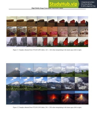 High-Fidelity Image Generation With Fewer Labels
Figure 11. Samples obtained from S3
GAN (20% labels, 128 × 128) when interpolating in the latent space (left to right).
Figure 12. Samples obtained from S3
GAN (10% labels, 256 × 256) when interpolating in the latent space (left to right).
 