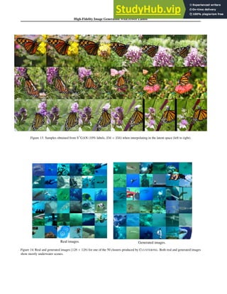 High-Fidelity Image Generation With Fewer Labels
Figure 13. Samples obtained from S3
GAN (10% labels, 256 × 256) when interpolating in the latent space (left to right).
Real images. Generated images.
Figure 14. Real and generated images (128 × 128) for one of the 50 clusters produced by CLUSTERING. Both real and generated images
show mostly underwater scenes.
 