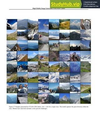 High-Fidelity Image Generation With Fewer Labels
Figure 17. Samples generated by S3
GAN (20% labels, 128 × 128) for a single class. The model captures the great diversity within the
class. Human faces and more dynamic scenes present challenges.
 