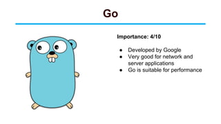 Go
Importance: 4/10
● Developed by Google
● Very good for network and
server applications
● Go is suitable for performance
 