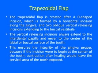 Trapezoidal Flap
• The trapezoidal flap is created after a Π-shaped
incision, which is formed by a horizontal incision
along the gingiva, and two oblique vertical releasing
incisions extending to the buccal vestibule.
• The vertical releasing incisions always extend to the
interdental papilla and never to the center of the
labial or buccal surface of the tooth.
• This ensures the integrity of the gingiva proper,
because if the incision were to begin at the center of
the tooth, contraction after healing would leave the
cervical area of the tooth exposed.
 