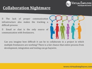 Collaboration Nightmare
 The lack of proper communication
infrastructure also makes the tracking a
difficult process
 Email or chat is the only source of
communication with freelancers.
www.virtualemployee.com
Can you imagine how difficult it can be to collaborate in a project in which
multiple freelancers are working? There is a fair chance that entire process from
development, integration and testing can go haywire.
 