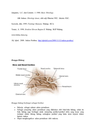 Junquiera, L.C. dan Carneiro. J. 1980. Basic Histology.
Alih bahasa: Histologi dasar, oleh adji Dharma.1982. Jakarta: EGC.
Soewolo, dkk. 1999. Fisiologi Manusia. Malang: JICA.
Tenzer, A. 1998. Struktur Hewan Bagian II. Malang: IKIP Malang.
www.bebas.vlsm.org
Ali, Iqbal . 2008 . Indera Pembau. http://iqbalali.com/2008/11/12/indera-pembau/
Rongga Hidung
Rongga hidung berfungsi sebagai berikut:
 Bekerja sebagai saluran udara pernafasan.
 Sebagai penyaring udara pernafasan yang dilakukan oleh bulu-bulu hidung, selain itu
bulu hidung juga berfungsi untuk menyaring partikel-partikel debu yang kasar yang
terdapat dalam lubang hidung sedangkan partikel yang halus akan terjerat dalam
lapisan mukus.
 Dapat menghangatkan udara pernafasan oleh mukosa.
 