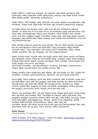 Papilae filiformis adalah yang terbanyak dan menyebar pada seluruh permukaan lidah.
Organ-ujung untuk pengecapan adalah puting-puting pengecap yang sangat banyak terdapat
dalam dinding papillae sirkumvalata danfungiforum
Papilae filiform lebih berfungsi untuk menerima rasa sentuh, daripada rasa pengecapan yang
sebenarnya. Selaput lendir langit-langit dan farinx juga bermuatan puting-puting pengecap.
Ada empat macam rasa kecapan: manis, pahit, asam dan asin. Kebanyakan makanan
memiliki ciri harum dan ciri rasa, tetapi ciri-ciri itu merangsang ujung saraf penciuman, dan
bukan ujung saraf pengecapan. Supaya dapat dirasakan, semua makanan harus menjadi
cairan, serta harus sungguh-sungguh bersentuhan dengan ujung saraf yang mampu menerima
rangsangan yang berbeda-beda. Puting pengecap yang berbeda-beda menimbulkan kesan rasa
yang berbeda-beda juga.
Lidah memiliki pelayanan pensarafan yang majemuk. Otot-otot lidah mendapat pensarafan
dari urat saraf hipoglosus (Saraf otak kedua belas). Daya perasaannya dibagi menjadi
“perasaan umum”, yang menyangkut taktil perasa seperti membedakan ukuran, bentuk,
susunan, kepadatan, suhu dan sebagainya, dan “rasa pengecap khusus”.
Impuls perasaan umum bergerak mulai dari bagian anterior lidah dalam serabut saraf lingual
yang merupakan sebuah cabang urat saraf kranial kelima, sementara impuls indera pengecap
bergerak dalam khorda timpani bersama saraf lingual, lantas kemudian bersatu dengan saraf
kranial ketujuh, yaitu nervus saraf fasialis.
Saraf kranial kesembilan, saraf glossofaringeal, membawa, baik impuls perasaan umum,
maupun impuls perasaan khusus dari sepertiga posterior lidah.
Dengan demikian indera pengecapan lidah dilayani oleh saraf kranial kez’ lima, ketujuh dan
kesembilan, sementara gerakan-gerakannya dipersarafi oleh saraf kranial kedua belas.
Secara klinik, indera pengecap, seperti juga indera penciuman (lihat di sebelah), sangat peka
dan dapat hilang karena pilek atau gangguan pada mulut, lambung dan saluran pencernaan.
Seorang dokter, yang dapat juga dibantu oleh seorang perawat, memeriksanya dengan
seksama, apakah indera pengecap itu kering atau lembab, membengkak, lembek dan pucat,
atau mengecil dan berwarna merah, berbulu, pecah atau retak-retak.
Glositis, atau peradangan lidah, bisa akut ataupun kronis, dengan gejala-gejala berupa adanya
ulkus dan lendir yang menutupi lidah. Peradangan ini biasanya timbul pada pasien yang
mengalami gangguan pencernaan ataupun infeksi pada gigi. Lidah lembek dan pucat, dengan
bekas-bekas gigitan pada pinggirannya. Biasanya, glositis kronis menghilang, apabila
kesehatan badan membaik dan pemeliharaan higiene mulut yang baik.
Lekoplakia ditandai oleh adanya bercak-bercak putih yang tebal pada permukaan lidah (juga
pada selaput lendir pipi dan gusi). Hal ini biasanya terlihat pada perokok.
Daftar Pustaka
Anatomi & Fisiologi U.Ps Oleh Evelyn C. Pearce
Artikel Kesehatan. 2010. Indera Pengecap – Anatomi dan fungsi. http://fkunhas.com/indera-
pengecap-anatomi-dan-fungsi-20100710312.html
 