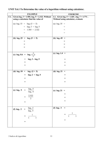 UNIT 5.6.1 To Determine the value of a logarithm without using calculator.

                     EXAMPLE                                          EXERCISE
C1. Given log2 3 = 1.585, log2 5 = 2.322. Without    L1. Given log3 5 = 1.465 , log3 7 = 1.771 .
    using a calculator find the value of             Withouf using calculator, evaluate

     (a) log2 15 = log2 (3 × 5)                      (a) log3 35 =
                 = log2 3 + log2 5                               =
                 = 1.585 + 2.322                                 =
                 =                                               =

     (b) log2 25 =       log2 (5 × 5)                (b) log3 49 =
                 =                                               =
                 =                                               =
                   =                                              =


                               3                     (c) log3 1.4 =
     (c) log2 0.6 =      log2 ( )
                               5
                   =     log2 3 – log2 5                          =
                   =                                              =
                   =                                              =


     (d) log2 10 =       log2 (2 × 5)                (d) log3 21 =
                   =     log2 2 + log2 5                          =
                   =                                              =
                   =                                              =


                          log 2 5
     (e) log4 5    =                                 (e) log9 21 =
                          log 2 4
                                                                  =
                          2.322
                   =                                              =
                            2
                                                                  =
                   =

                          log 2 2                    (f) log5 3   =
     (f) log5 2    =
                          log 2 5
                                                                           1
                              1                                   =
                   =                                                   (        )
                          (         )
                                                                  =
                   =




5 Indices & Logarithms                          11
 