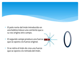  El polo norte del imán introducido en
una bobina induce una corriente que a
su vez origina otro campo.
 El segundo campo produce una fuerza
que se opone a la fuerza original.
 Si se retira el imán de crea una fuerza
que se opone a la retirada del imán.
 