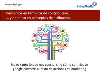 Pensemos	
  en	
  términos	
  de	
  contribución…	
  
…	
  y	
  no	
  tanto	
  en	
  conceptos	
  de	
  atribución	
  
No	
  es	
  tanto	
  lo	
  que	
  nos	
  cuesta,	
  sino	
  cómo	
  contribuye	
  	
  
google	
  adwords	
  al	
  resto	
  de	
  acciones	
  de	
  marke@ng	
  
 