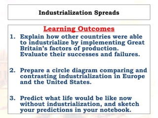 Industrialization Spreads
Learning Outcomes
1. Explain how other countries were able
to industrialize by implementing Great
Britain’s factors of production.
Evaluate their successes and failures.
2. Prepare a circle diagram comparing and
contrasting industrialization in Europe
and the United States.
3. Predict what life would be like now
without industrialization, and sketch
your predictions in your notebook.
 