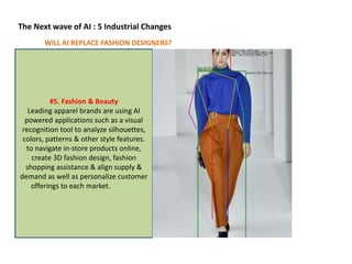 The Next wave of AI : 5 Industrial Changes
#5. Fashion & Beauty
Leading apparel brands are using AI
powered applications such as a visual
recognition tool to analyze silhouettes,
colors, patterns & other style features.
to navigate in-store products online,
create 3D fashion design, fashion
shopping assistance & align supply &
demand as well as personalize customer
offerings to each market.
WILL AI REPLACE FASHION DESIGNERS?
 