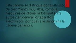 Esta cadena se distingue por existir picos
de crecimiento muy altos, como la
maquinas de oficina, la fotografía, los
autos y en general los aparatos
electrónicos, por que se le denomina la
cadena ganadora.
 