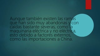 Aunque también existen las ramas
que han sido muy abandonas y con
caídas bastante severas, como la
maquinaria eléctrica y no eléctrica,
esto debido a factores externos,
como las importaciones a China.
 