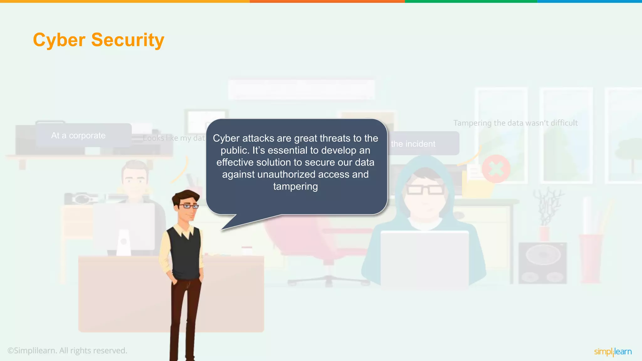 Looks like my data got modifiedAt a corporate
Tampering the data wasn’t difficult
A day before the incident
Cyber attacks are great threats to the
public. It’s essential to develop an
effective solution to secure our data
against unauthorized access and
tampering
Cyber Security
 