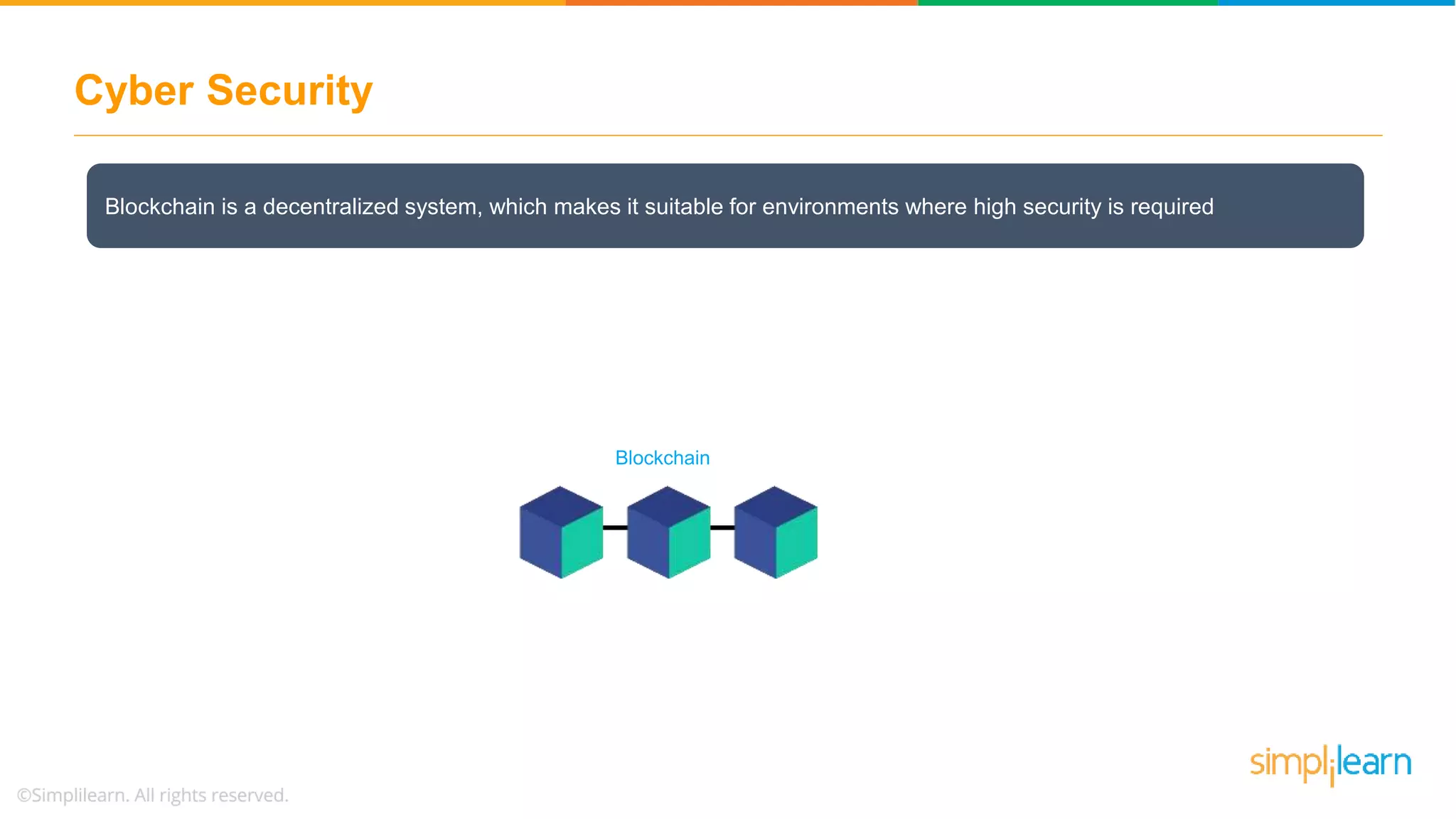 Cyber Security
Blockchain is a decentralized system, which makes it suitable for environments where high security is required
Blockchain
 