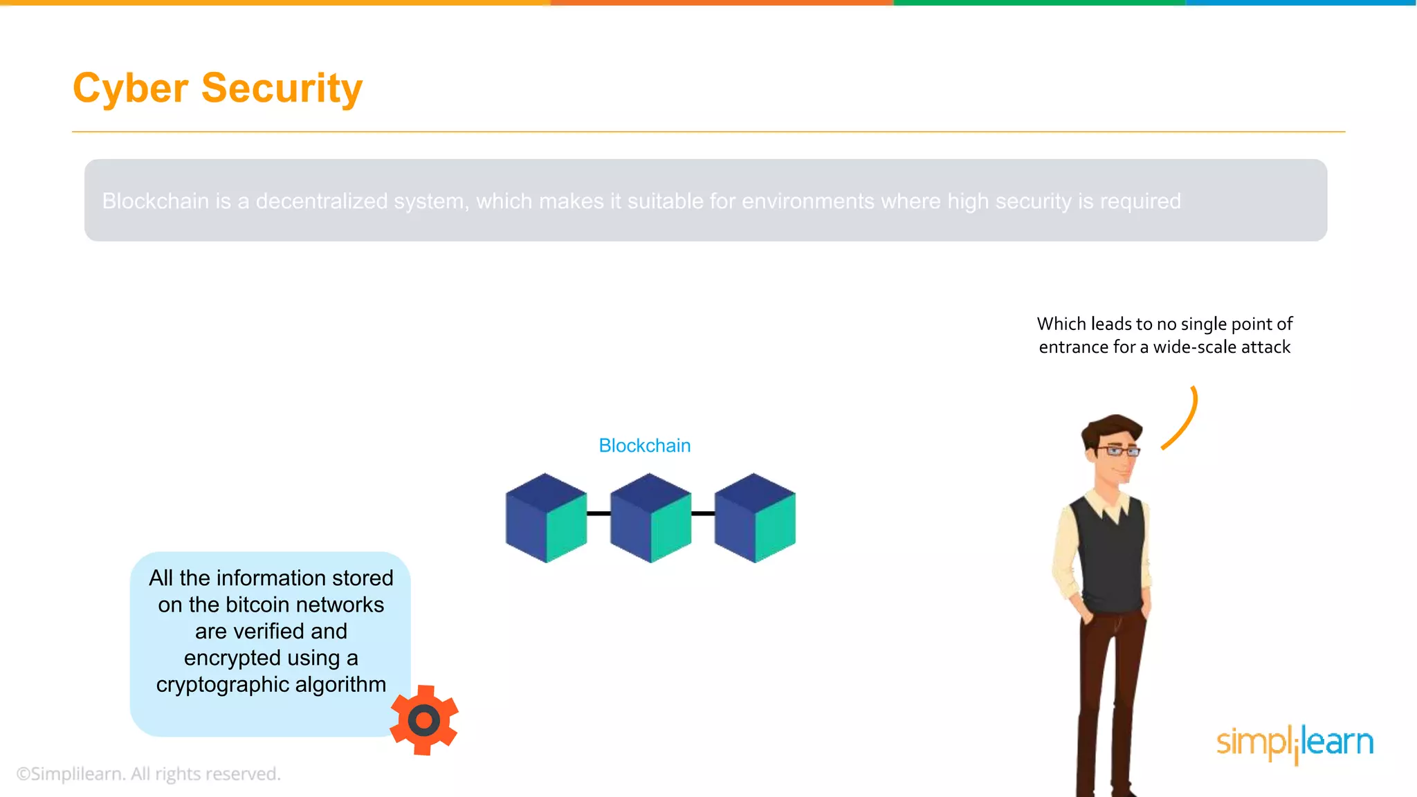 Cyber Security
Blockchain is a decentralized system, which makes it suitable for environments where high security is required
All the information stored
on the bitcoin networks
are verified and
encrypted using a
cryptographic algorithm
Blockchain
Which leads to no single point of
entrance for a wide-scale attack
 