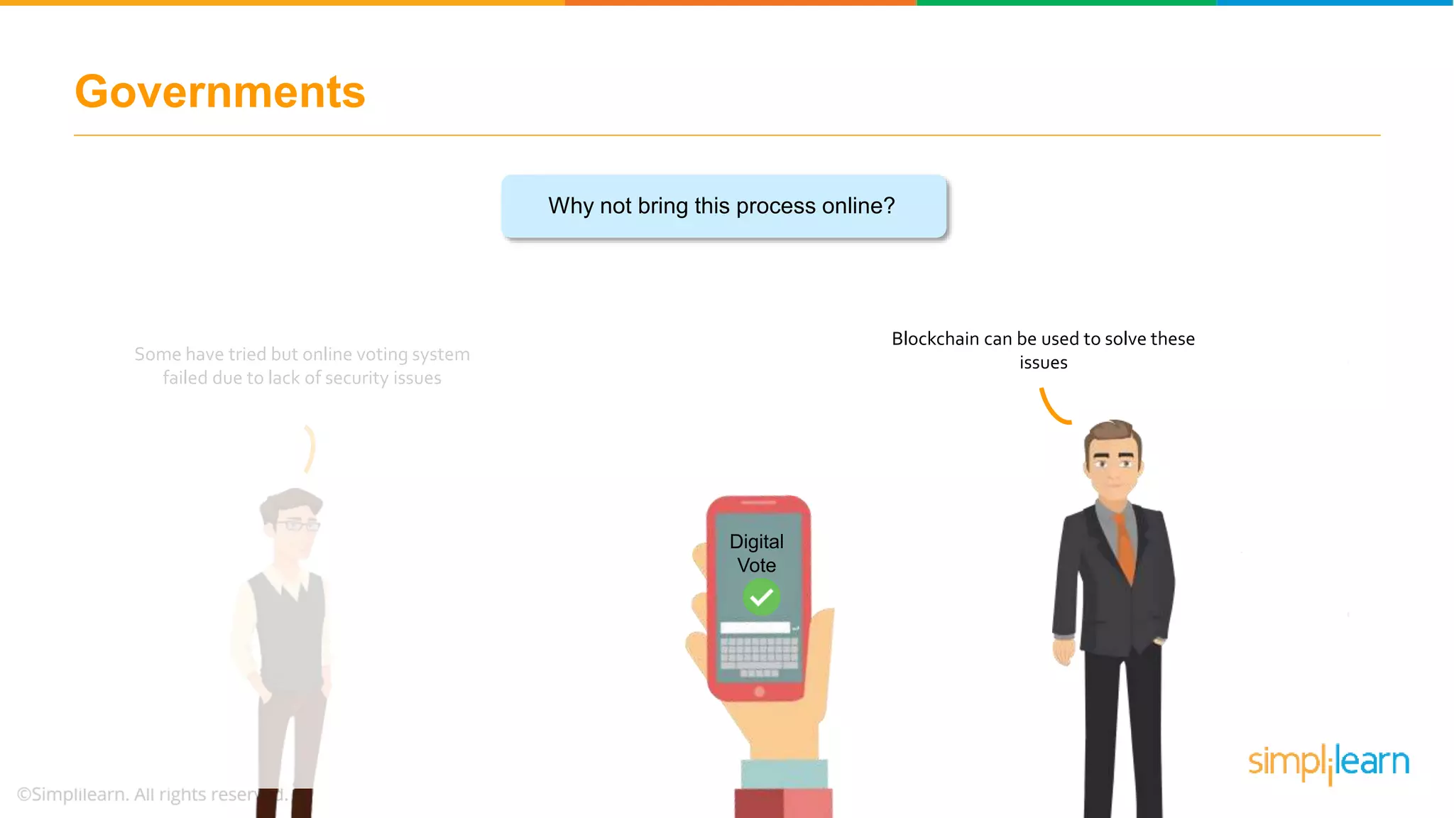 Governments
Why not bring this process online?
Some have tried but online voting system
failed due to lack of security issues
Blockchain can be used to solve these
issues
Digital
Vote
 