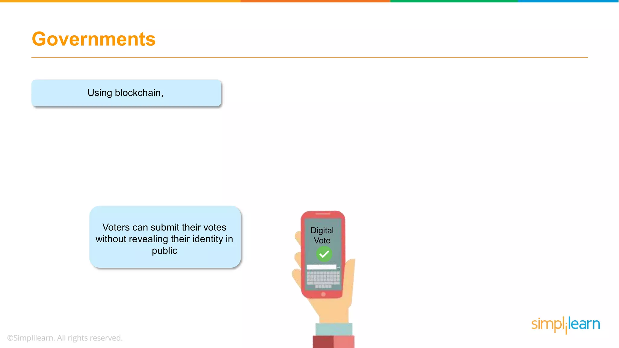 Governments
Using blockchain,
Voters can submit their votes
without revealing their identity in
public
Digital
Vote
 