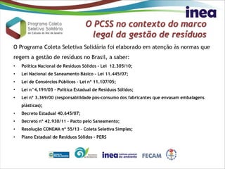 O PCSS no contexto do marco
legal da gestão de resíduos
O Programa Coleta Seletiva Solidária foi elaborado em atenção às normas que
regem a gestão de resíduos no Brasil, a saber:
• Política Nacional de Resíduos Sólidos - Lei 12.305/10;
• Lei Nacional de Saneamento Básico – Lei 11.445/07;
• Lei de Consórcios Públicos - Lei nº 11.107/05;
• Lei n°4.191/03 - Política Estadual de Resíduos Sólidos;
• Lei nº 3.369/00 (responsabilidade pós-consumo dos fabricantes que envasam embalagens
plásticas);
• Decreto Estadual 40.645/07;
• Decreto nº 42.930/11 – Pacto pelo Saneamento;
• Resolução CONEMA nº 55/13 – Coleta Seletiva Simples;
• Plano Estadual de Resíduos Sólidos - PERS
 