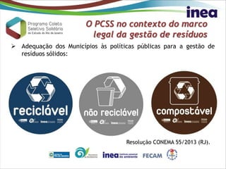 O PCSS no contexto do marco
legal da gestão de resíduos
 Adequação dos Municípios às políticas públicas para a gestão de
resíduos sólidos:
Resolução CONEMA 55/2013 (RJ).
 