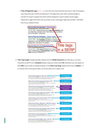  
1. Title of Page(title tag): A Title tag is the main text that describes document. Title of the page is
very important part of SEO and well worth. The page title is also often used by Google as
the title of a search snippets link which will be displayed in search engine results pages.
Keywords in page titles often end up as links to your web page. Page title example: <title>Best
title of your website</title>
Title Tag Length: Google typically displays the rst 50-60 characters of a title tag, or as many
characters as will t into a 512-pixel display. Keep your titles under 55 characters; you can expect at
least 95% of your titles to display properly. If the title is too long, engines will show an ellipsis, “…”
to indicate that a title tag has been cut o and also use h1 tag for title.
 