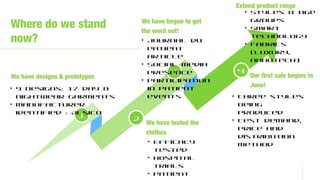 1 2
3 4
• 9 Designs: 17 day &
nightwear garments
• Manufacturer
identified : Alsico
We have designs & prototypes
• Efficacy
tested
• Hospital
trials
• Patient
We have tested the
clothes
• Journal du
Patient
article
• Social Media
presence
• Participation
in patient
events
We have begun to get
the word out!
Where do we stand
now?
Our first sale begins in
June!
• Three styles
being
produced
• Test demand,
price and
distribution
method
• Styles & age
groups
• Smart
technology
• Fabrics
(luxury,
nanotech)
Extend product range
 