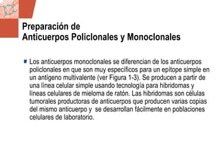 GDS_0418723_McClelland_v4 11
Preparación de
Anticuerpos Policlonales y Monoclonales
Los anticuerpos monoclonales se diferencian de los anticuerpos
policlonales en que son muy específicos para un epítope simple en
un antígeno multivalente (ver Figura 1-3). Se producen a partir de
una línea celular simple usando tecnología para hibridomas y
líneas celulares de mieloma de ratón. Las hibridomas son células
tumorales productoras de anticuerpos que producen varias copias
del mismo anticuerpo y se desarrollan fácilmente en poblaciones
celulares de laboratorio.
 