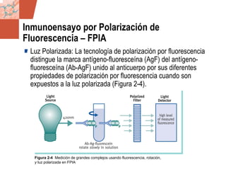 GDS_0418723_McClelland_v4 52
Inmunoensayo por Polarización de
Fluorescencia – FPIA
Luz Polarizada: La tecnología de polarización por fluorescencia
distingue la marca antígeno-fluoresceína (AgF) del antígeno-
fluoresceína (Ab-AgF) unido al anticuerpo por sus diferentes
propiedades de polarización por fluorescencia cuando son
expuestos a la luz polarizada (Figura 2-4).
Figura 2-4 Medición de grandes complejos usando fluorescencia, rotación,
y luz polarizada en FPIA
 