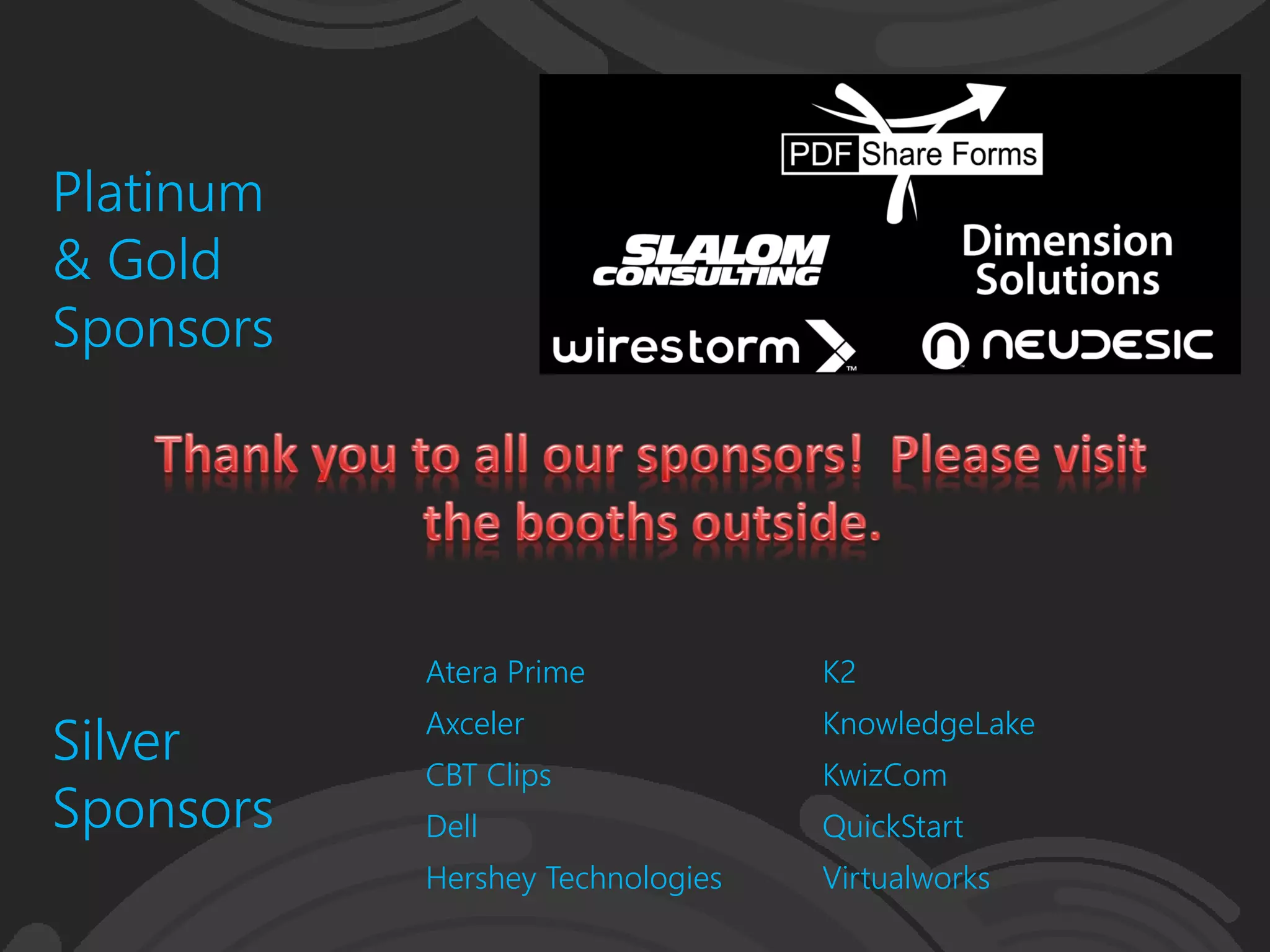 Atera Prime K2
Axceler KnowledgeLake
CBT Clips KwizCom
Dell QuickStart
Hershey Technologies Virtualworks
Platinum
& Gold
Sponsors
Silver
Sponsors
 