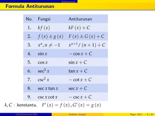 Antiturunan
Formula Antiturunan
No. Fungsi Antiturunan
1. k f (x) kF (x) + C
2. f (x) g (x) F (x) G (x) + C
3. xn, n 6= 1 xn+1/ (n + 1) + C
4. sin x cos x + C
5. cos x sin x + C
6. sec2 x tan x + C
7. csc2 x cot x + C
8. sec x tan x sec x + C
9. csc x cot x csc x + C
k, C : konstanta, F0 (x) = f (x) , G0 (x) = g (x)
(Dep.Matematika-IPB) Kalkulus: Integral Bogor, 2012 6 / 45
 