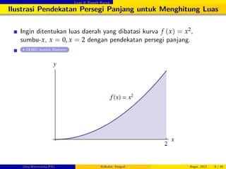 Luas di Bawah Kurva
Ilustrasi Pendekatan Persegi Panjang untuk Menghitung Luas
Ingin ditentukan luas daerah yang dibatasi kurva f (x) = x2,
sumbu-x, x = 0, x = 2 dengan pendekatan persegi panjang.
DEMO Jumlah Riemann
(Dep.Matematika-IPB) Kalkulus: Integral Bogor, 2012 8 / 45
 