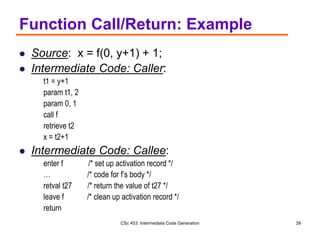 CSc 453: Intermediate Code Generation 39
Function Call/Return: Example
 Source: x = f(0, y+1) + 1;
 Intermediate Code: Caller:
t1 = y+1
param t1, 2
param 0, 1
call f
retrieve t2
x = t2+1
 Intermediate Code: Callee:
enter f /* set up activation record */
… /* code for f’s body */
retval t27 /* return the value of t27 */
leave f /* clean up activation record */
return
 