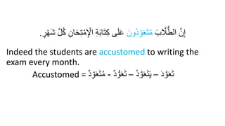 َ‫ب‬ َّ
‫َّل‬ُّ‫الط‬ َّ‫ن‬ِ‫إ‬
َ‫ُون‬‫د‬ِ‫و‬َ‫ع‬َ‫ت‬ُ‫م‬
َ‫ب‬‫ا‬َ‫ت‬ِ‫ك‬ ‫ى‬َ‫ل‬َ‫ع‬
‫ر‬ْ‫ر‬َ‫ش‬ َّ‫ل‬ُ‫ك‬ ِ‫ان‬َ‫ح‬ِ‫ت‬ْ‫م‬ِ ْ
‫اْل‬ ِ‫ة‬
.
Indeed the students are accustomed to writing the
exam every month.
Accustomed = َ‫د‬ َّ‫و‬َ‫ع‬َ‫ت‬
–
ُ‫د‬ َّ‫و‬َ‫ع‬َ‫ت‬َ‫ي‬
–
‫د‬ ُّ‫و‬َ‫ع‬َ‫ت‬
-
‫د‬ِ‫و‬َ‫ع‬َ‫ت‬ُ‫م‬
 