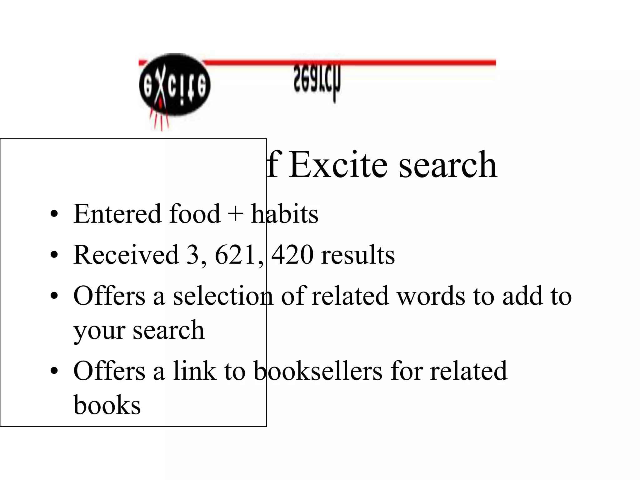 Results of Excite search
• Entered food + habits
• Received 3, 621, 420 results
• Offers a selection of related words to add to
your search
• Offers a link to booksellers for related
books
 